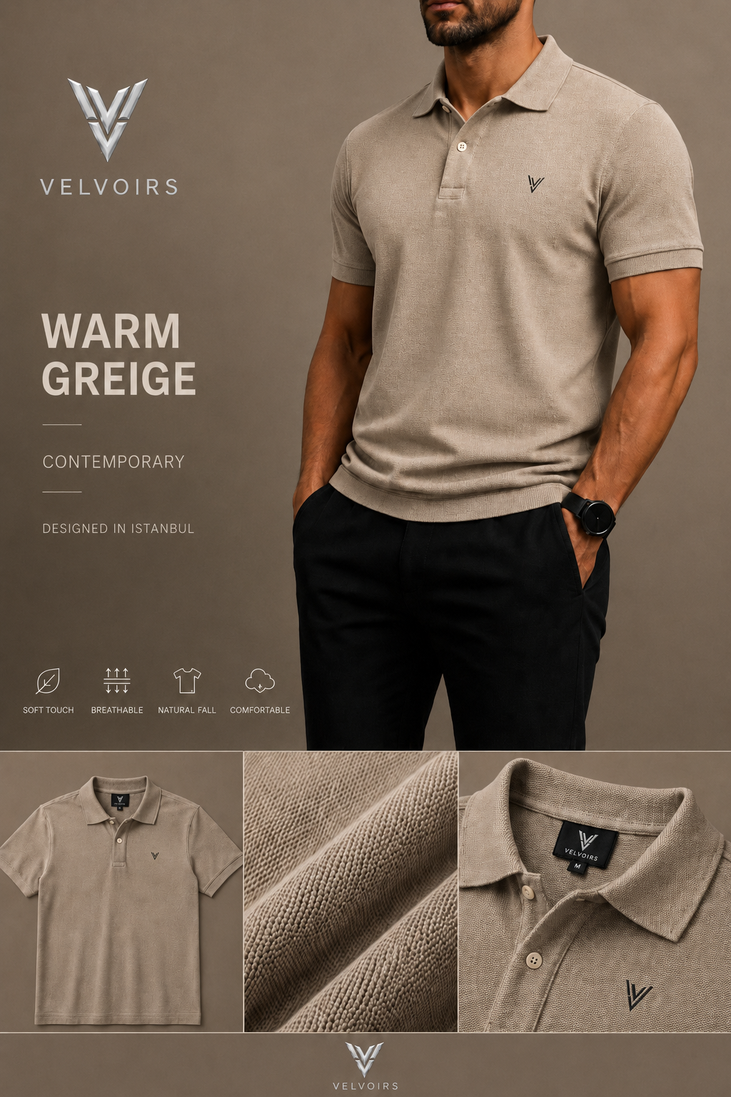 VELVOIRS polo shirt in Warm Greige