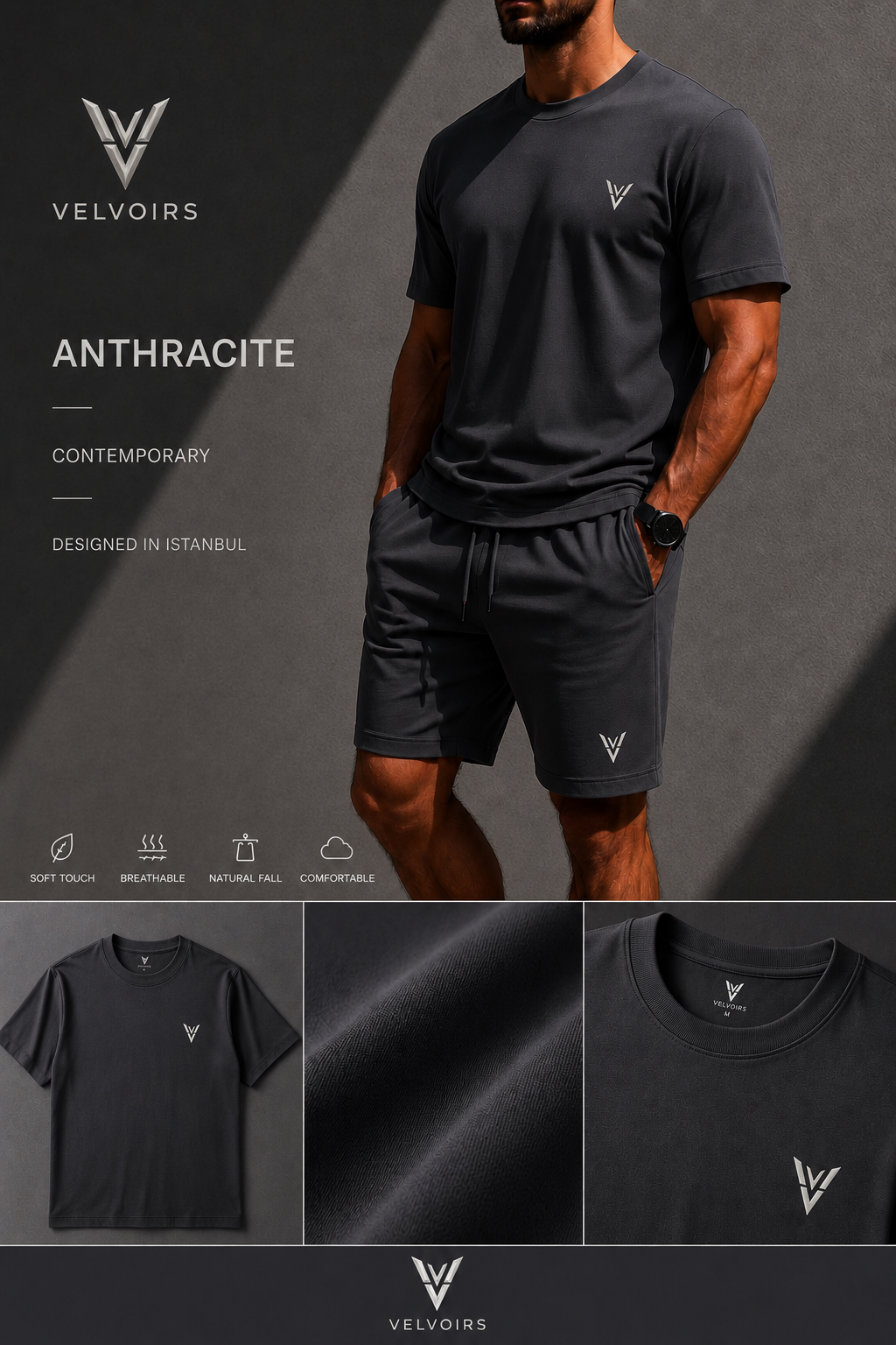 VELVOIRS t-shirt and shorts set in Anthracite
