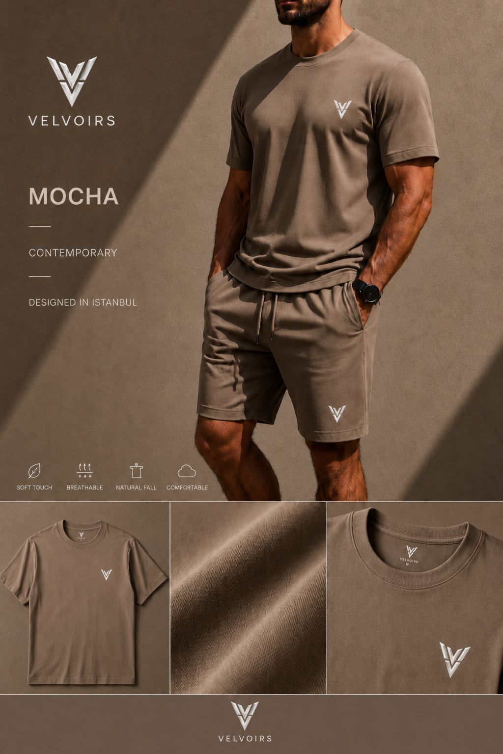 VELVOIRS t-shirt and shorts set in Mocha