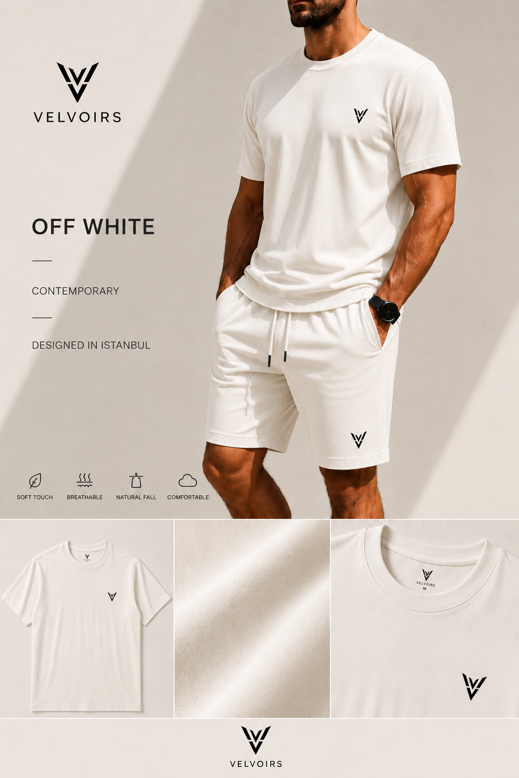VELVOIRS t-shirt and shorts set in Off White