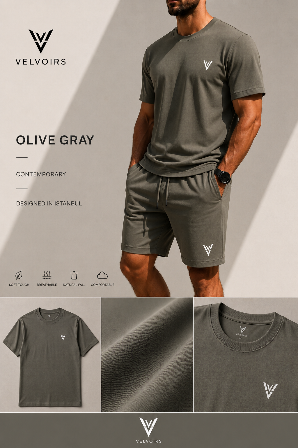 VELVOIRS t-shirt and shorts set in Olive Gray