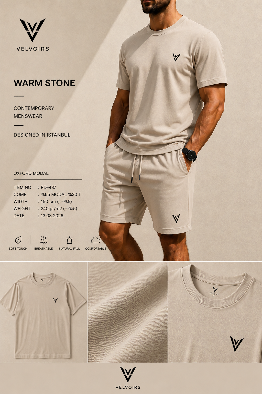 VELVOIRS t-shirt and shorts set in Warm Stone