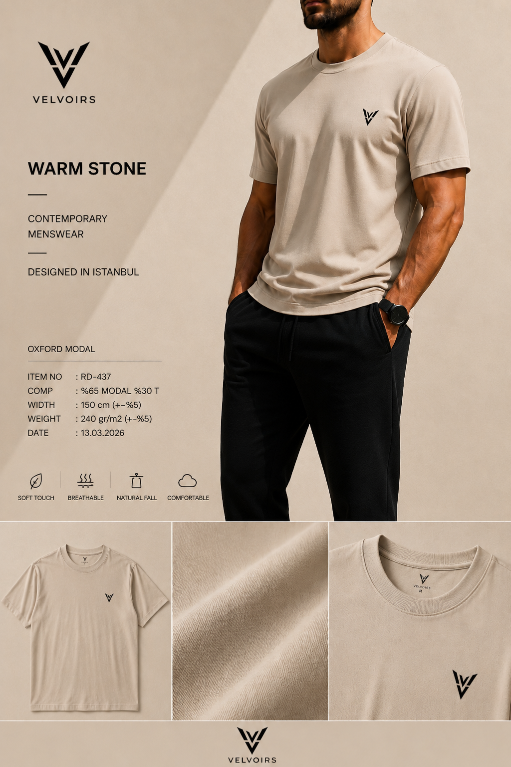 VELVOIRS t-shirt in Warm Stone